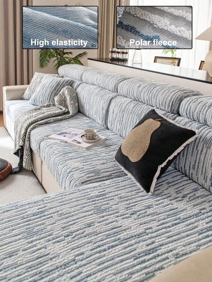 1pc Solid Color Plush Sofa Cover, Elastic Stretch Wrap, Warm & Comfortable Minimalist Ins Style, Pet-Friendly Non-Slip Elastic Band, Machine Washable, All-Season Universal Sofa Protector For Living Room, Bedroom, Study, Single/2-Seater/3-Seater/4-Seater Armrest Backrest - Blue - View 1