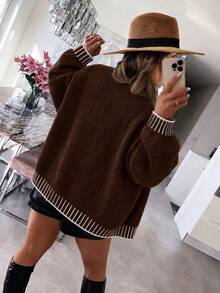 Women's Frenchy Old Money Style Elegant Loose Knit Coffee Brown & White Striped Contrast Trim Ribbed Lantern Sleeve Pullover Sweater Streetwear - Coffee Brown - View 5