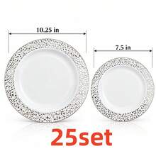 10/20/25pcs (7.5 Inch/10.25 Inch) White Base Silver Rim Plates, Multiple Sizes Available, Kitchen Tableware, High-Quality Appetizer Plates, Easy To Clean And Reusable, Suitable For Serving Dishes, Fruits, Salads, Desserts, Appetizers, Perfect For Weddings, Picnics, Gatherings, Birthdays, Parties, Holiday Celebrations And Thanksgiving, Christmas, Easter, Halloween - White - View 14