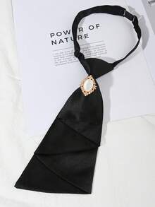 Solid Color Z-Pattern Tie, No-Tie Design, Rhinestone Fashion Bow Tie, Versatile Necktie - Black - View 5