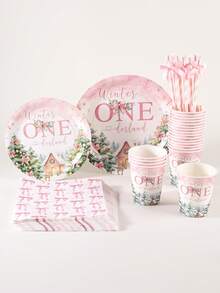 120件組「Winter ONEderland」主題一次性紙製餐具套裝，含7英吋與9英吋餐盤、杯子、餐巾紙與吸管，粉色雪景、聖誕樹、小屋、鹿與蝴蝶結設計，適合1歲生日派對、冬季慶祝、節日聚會及各種節慶桌面裝飾 - 多色2 - 查看 6