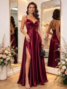 HOMEYEE Women's Fashion Dress Solid Color Spaghetti Strap Elegant Satin Sleeveless High Slit Slim A-Line Cocktail Dresses Wedding Party Fall - Burgundy - View 1