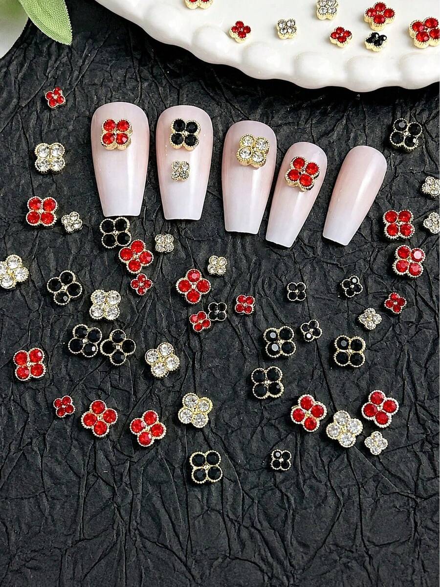 12Pcs Luxury Four-Leaf Clover Nail Art Charms, Alloy Rhinestone Super Shiny Lucky Clover Nail Decor, Wearable Nail Accessories