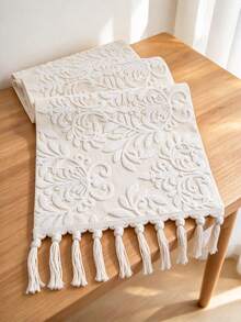 1 pieza Elegante camino de mesa de comedor de doble capa bordado, con flecos hechos a mano, bordado de un solo lado, multiusos para mesa de comedor, decoración de aparador - Base beige con bordado blanco - Ver 5