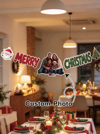 1pc Custom Merry Christmas Family Photo Banner, Personalized Christmas Bunting Garland, 110lb Cover Cardstock (300gsm), Die Cut Christmas Party Decorations For Home Dinner Yard