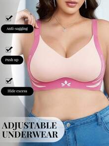 1pc Seamless Contrast Color Lift Up Plus Size Wireless Bra, Supportive & Lift, Prevents Sagging, European & American Style - Pink - View 5