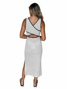 Acelitt White Striped Criss-Cross Side Slit Fitted Sleeveless Semi-Sheer Midi Dress Casual Elegant Summer - Black and White - View 1