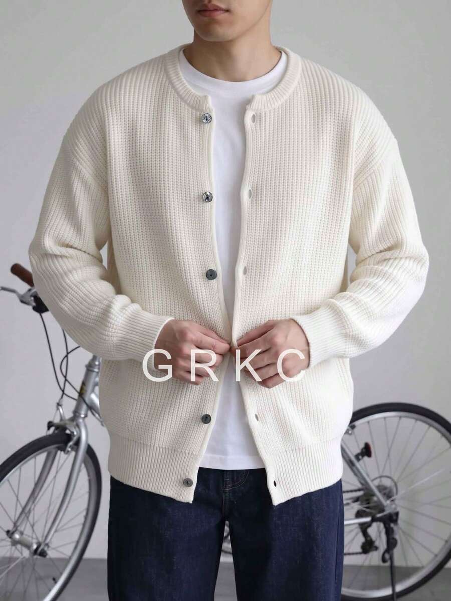 GRKC كارديجان رجالي كاجوال فضفاض محبوك، بياقة دائرية، أكتاف منخفضة، أزرار أمامية، بأسلوب بسيط للتنقل، خريف/شتاء - لون مشمشي - مشاهدة 1