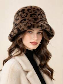 1pc Women's Fashion Leopard Print Versatile Plush Bucket Hat, Streetwear Travel Warm Cold-Proof Face-Slimming Bucket Hat - Bucket Hat - View 2