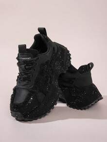 Women's Sports Shoes, Shiny Rhinestone Thick Sole Height-Increasing Lace-Up Casual Shoes, Suitable For Daily Wear In Autumn/Winter - Black - View 5
