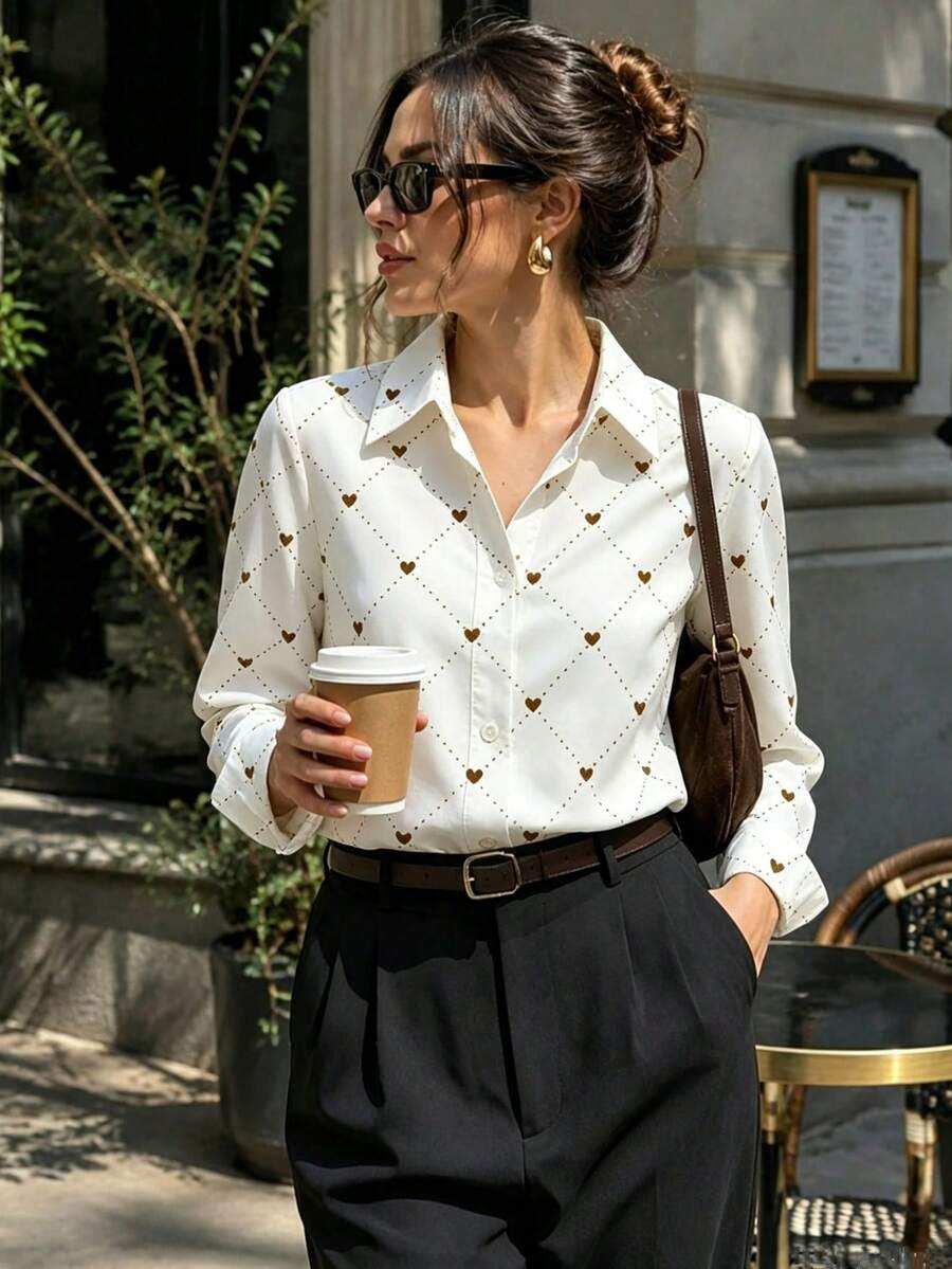 Women's Heart Print Long Sleeve Elegant Commute Front Button Shirt - White - View 1