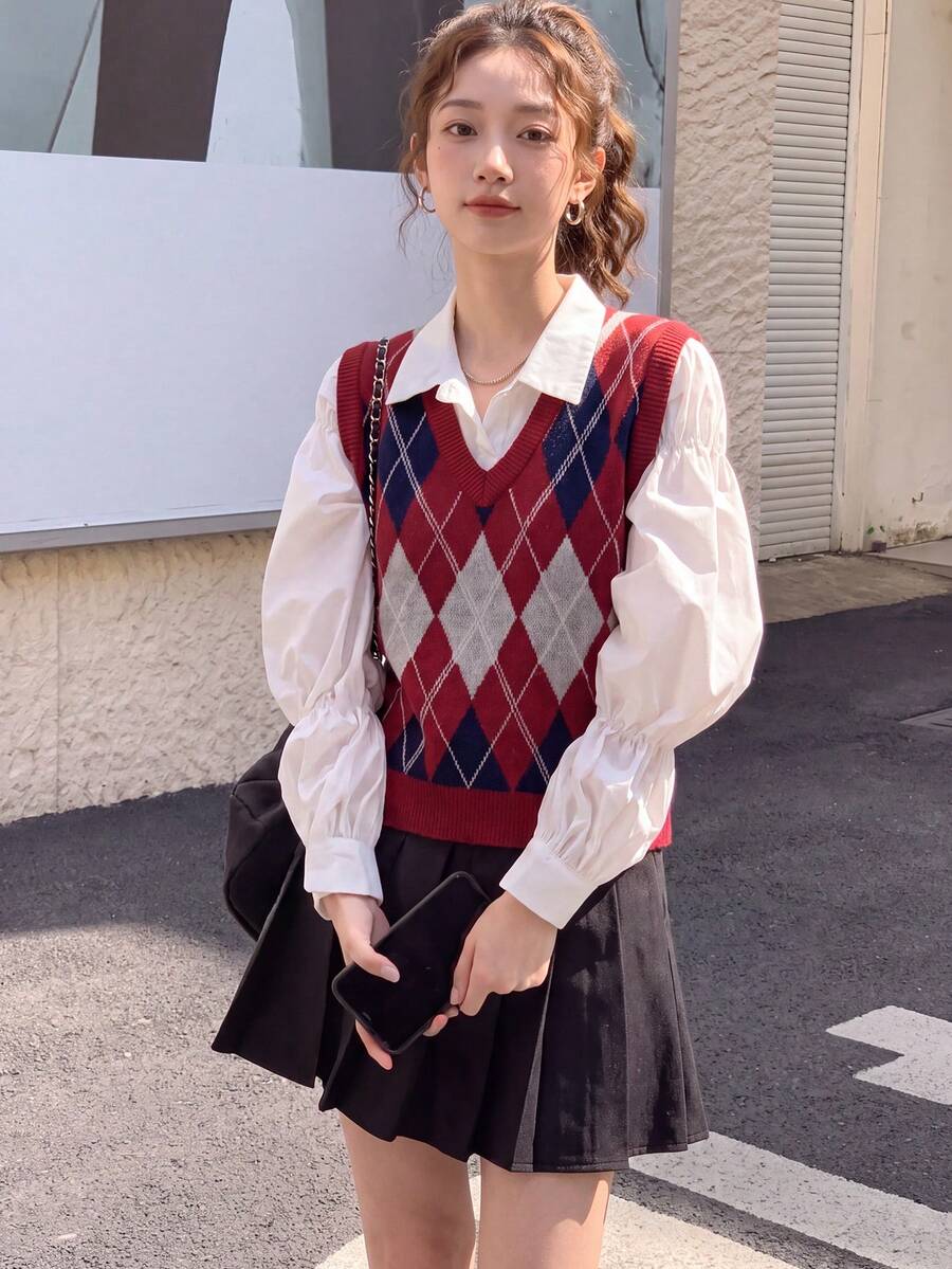 Alicedudu Women's Autumn Argyle Design V-Neck Pullover Sweater Vest Red Fall - Red - View 1