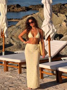 HOTTIE HABIT Women Floral Halter Triangle 3 PiecesSwimsuit, Printed Bikini Top & Bottom Matching Side Split Maxi Beach Skirt, Beachwear For Summer Holiday - Multicolor - View 2