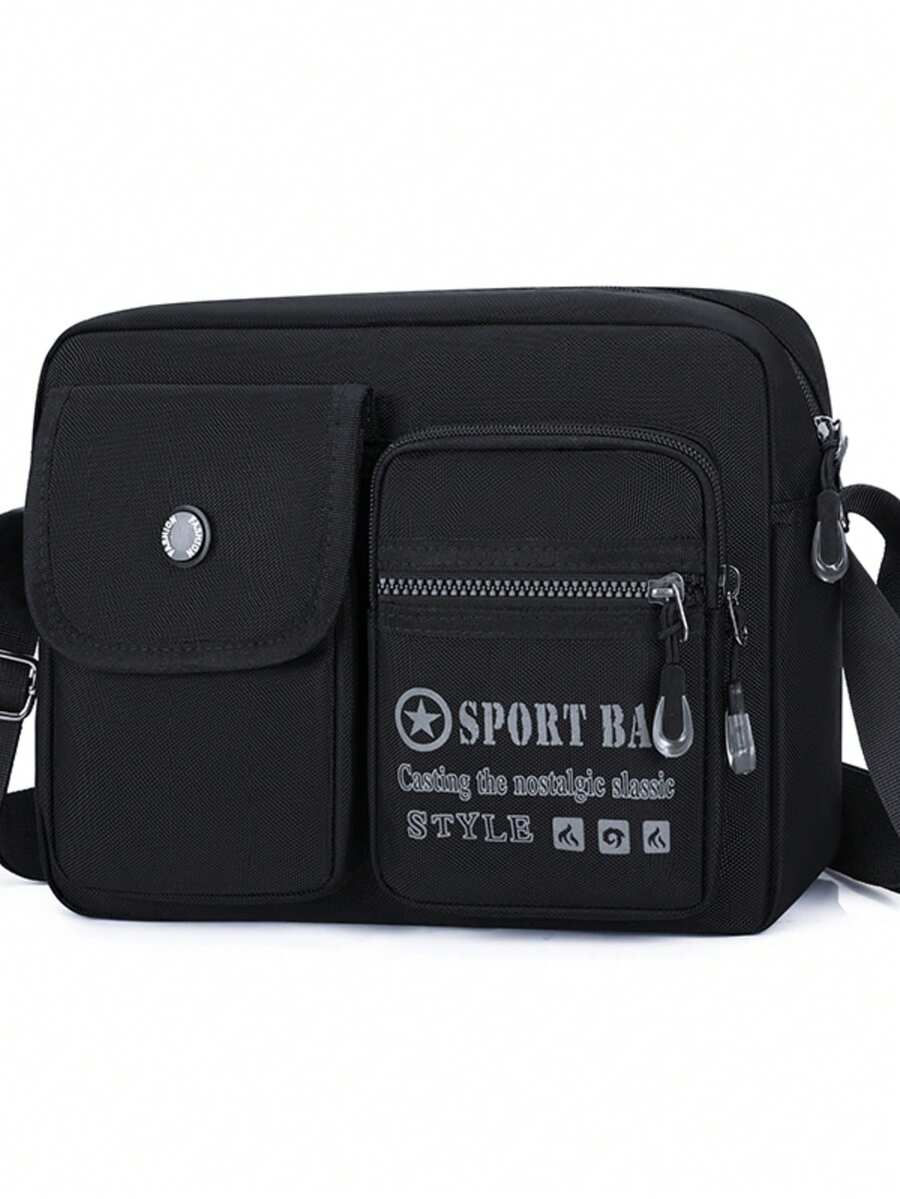 Men's Vintage Sports Style Horizontal Oxford Cloth Crossbody Bag, Multi-Pocket Snap Button & Zipper Design, Durable Shoulder Bag For Daily Commute, Casual, Personal Carry