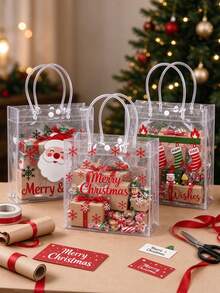 1 Set Transparent Christmas Gift Bags - Plastic Gift Bags With Handles And Ribbons, Suitable For Christmas Party Gifts - Multicolor - View 2