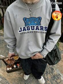كنزة رجالية من الصوف الناعم بياقة دائرية مطبوع عليها S SPELMAN COLLEGE، بأسلوب Y2K، للخريف/الشتاء - رمادي منقوش - مشاهدة 3