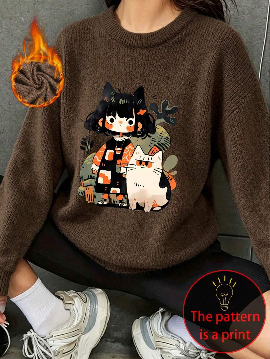 Plus-Size Women's Knitted Sweater-Like Top, Featuring Character And Cat Illustrations, Crew Neck, Long Sleeves, Suitable For Autumn And Winter Wear. - Brown - View 1