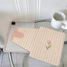 1件裝粉色條紋單朵鬱金香印花書本式平板保護殼，相容 A16 2025、 Galaxy Tab S9 FE/S8 Plus/S7/S10、OPPO Pad、 MatePad、Vivo Pad、Honor Pad、Xiaoxin Pad - 彩色 - 查看 3