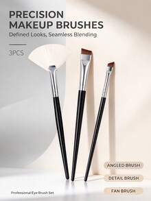 3pcs Makeup Brush Set Fan-Shaped Highlighter Brush, Blade Eyeliner Brush, Ultra-Thin Eyebrow Brush, Professional Eye Makeup Tools - Black - View 3