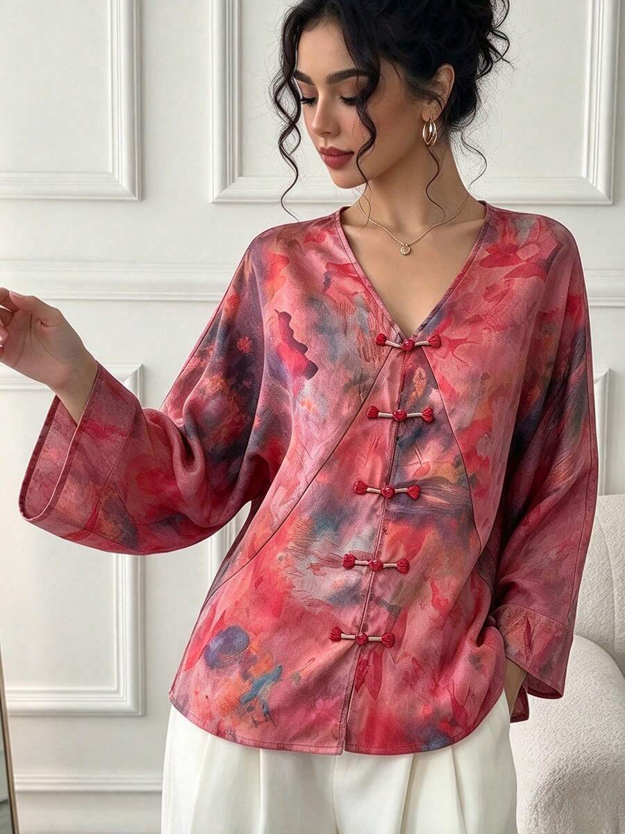 New Women's New Chinese Style Ink Print Top, V-Neck Frog Button Flared ...