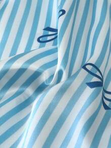 2 Pieces Satin Striped Bow Pajama Set, Sweet And Cute Lapel Button Long Sleeve Top And Pants, Women's Sleepwear And Loungewear Suitable For Home Use - Blue - View 9