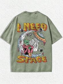 男士大尺碼 I Need Space 外星印花 T-shirt，復古水洗寬鬆版型短袖街頭風上衣 - 綠色 - 查看 2