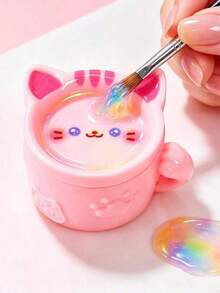 1pc 3-In-1 Cat-Shaped Nail Art Palette & Brush Cleaning Cup, Cute Cartoon Mini Pen Holder, Multi-Function Storage Box For Nail Rhinestones And Pearls, DIY Nail Art Tools For Beginners, Back To School Home And Nail Salon Supplies - Multicolor - View 3