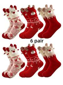 1/3/6 Pairs Women's Christmas Red Mid-Calf Socks, Printed With Santa Claus, Snowman, Reindeer Patterns, Suitable For Christmas Outfits - Multicolor - View 13