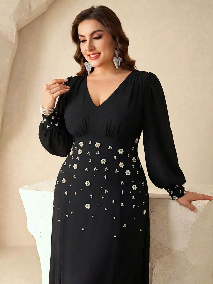 Pearl Flower Beaded Elegant Chiffon Evening Gown Long Dress V-Neck Lantern Long Sleeve Ruched Chest High Waist A-Line Plus Size Formal Party Wedding Guest All Season Dress - Black - View 1