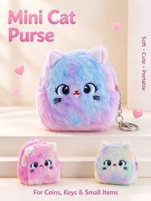 1pc Children's Cartoon Cat Embroidery Pattern Tie-Dye Plush Material Mini Storage Function Cute Style Coin Purse Keychain Suitable For Daily Travel, Holiday Gifts - Multicolor - View 2