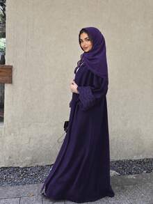 Women's Arabic Abaya Striped Embroidered Cardigan Jacket With Headscarf Spring Fall - Dark Purple - View 2