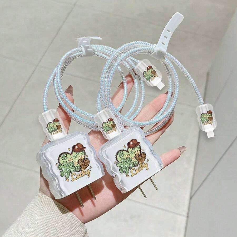 Lucky Heart Style Apple Charger And Cable Protector Set, Durable Apple 18-20W Charging Cable Protective Shell, Anti-Breakage Cable Organizer - Multicolor - View 1