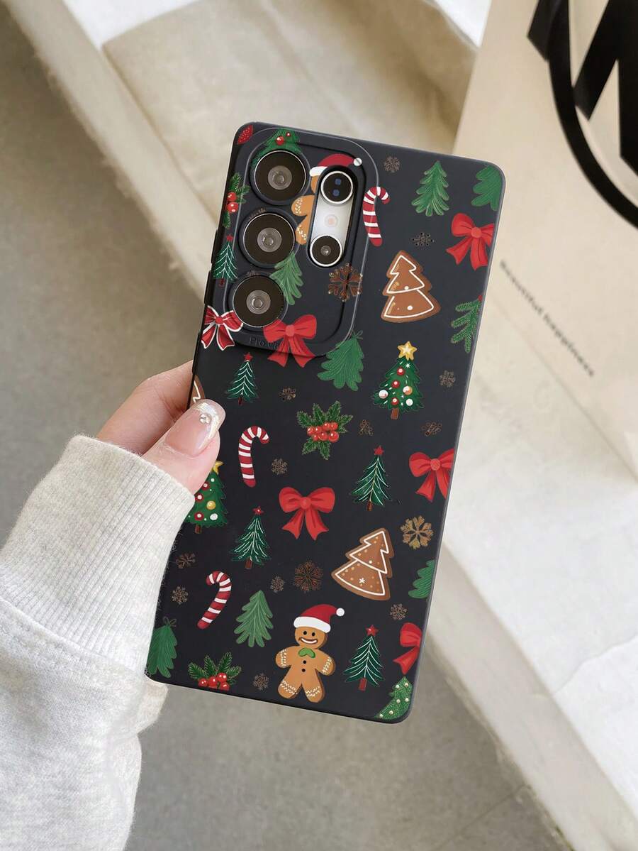 1pc Fashionable Creative Full-Screen Christmas Gingerbread Man Bow Candy Cane Pattern, Painted Pupil Black Matte TPU Material Anti-Drop Phone Case, Gift For Boyfriend/Girlfriend, Compatible With Apple, And Android Phones - Multicolor - View 1