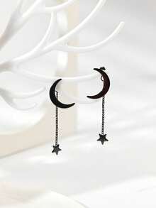 1 Pair Women's Fashionable & Elegant Star & Moon Earrings, Versatile For Daily Wear - Black - View 2