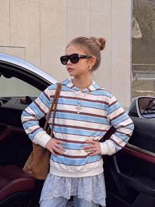 1pc Teen Girls Blue Brown White Colorblock Striped Sweatshirt, Korean Style Unisex Loose Casual Pullover Sweatshirt, Suitable For Spring And Autumn - Blue - View 2