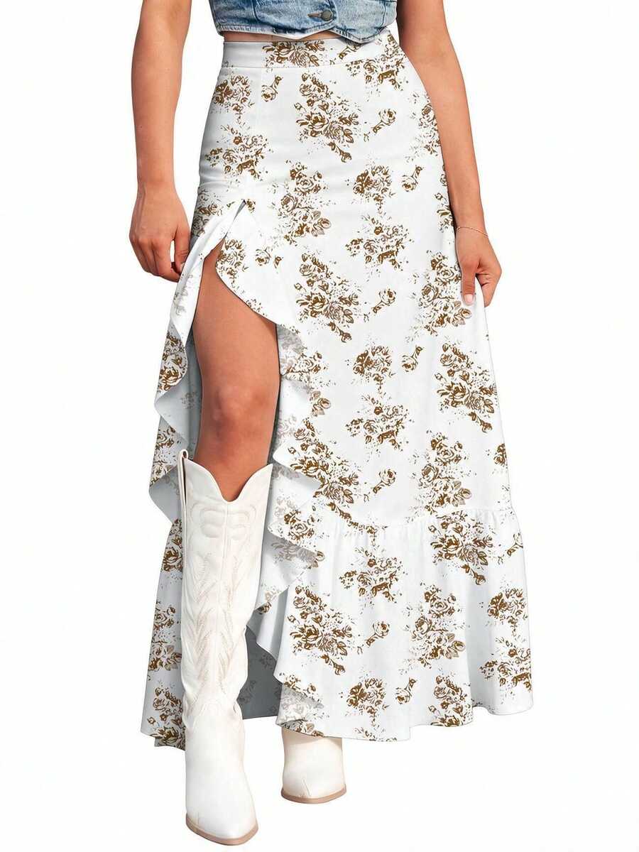 Acelitt Sky Blue Bohemian Style Ditsy Floral High Waist Ruffle Hem Slit Maxi Skirt White Summer - White - View 1