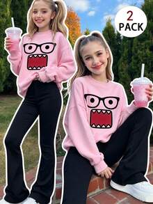 2PCS Teen Girl Funny Expression Print Long Sleeve Sweatshirt And Flare Pants Set, Cute Top And Pants 2 Pieces Outfit For Autumn/Winter, Suitable For Daily Wear - Black - View 1