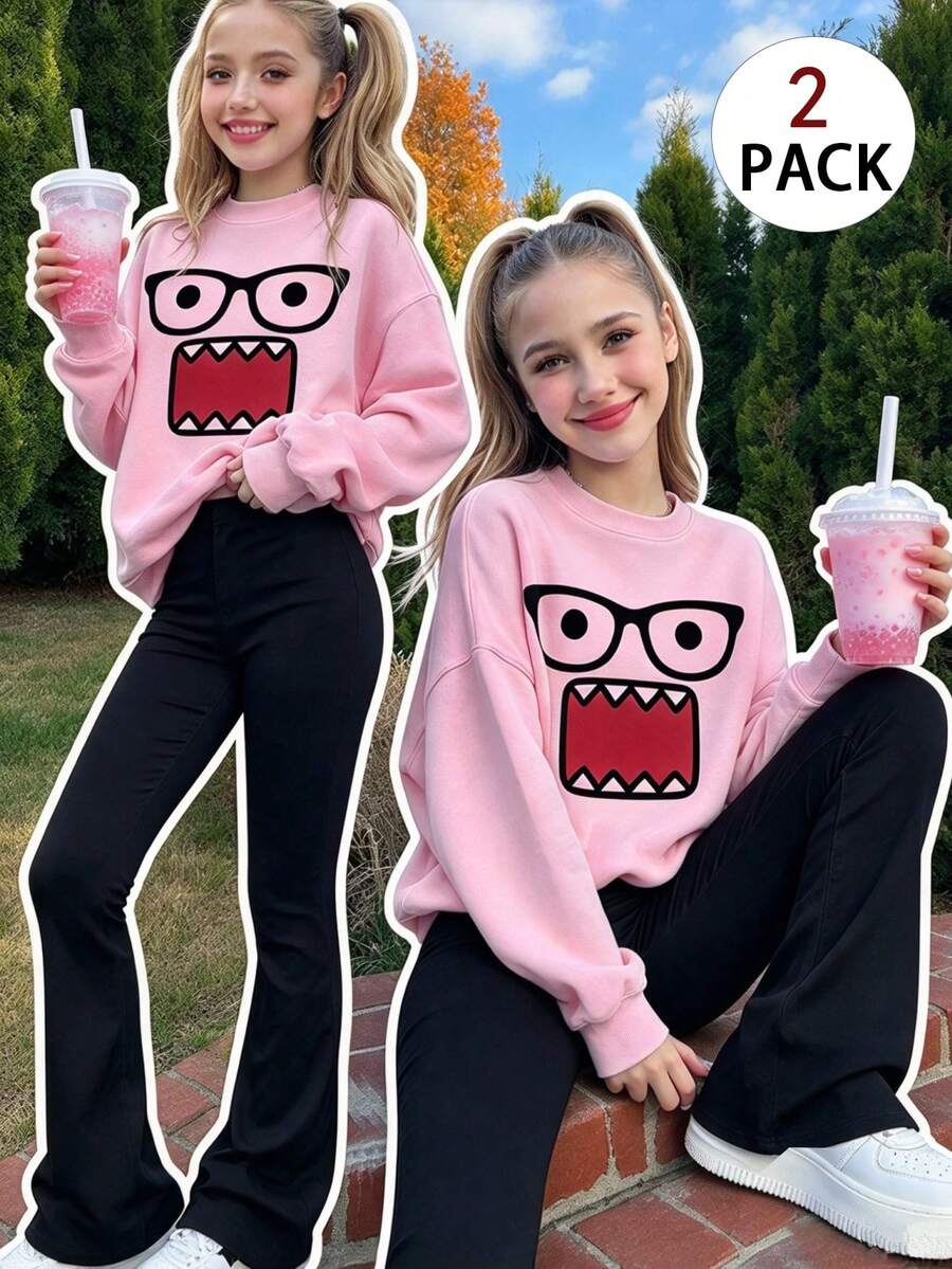2PCS Teen Girl Funny Expression Print Long Sleeve Sweatshirt And Flare Pants Set, Cute Top And Pants 2 Pieces Outfit For Autumn/Winter, Suitable For Daily Wear - Black - View 1