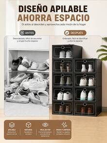 6/14 Piezas de Organizador de zapatos apilable, cajas para calzado con puerta transparente, diseño plegable y modular, almacenamiento para tenis, tacones y zapatos, ideal para dormitorio, armario y entrada, disponible en negro y blanco - Ver 4