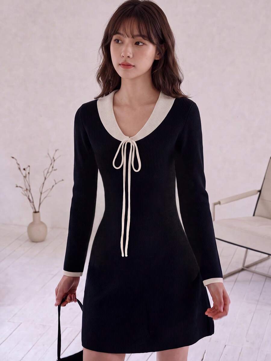 Women's Knitted Mini Sweater Dress, Contrast Color Collar And Drawstring Design, Long Sleeve Slim Fit Autumn/Winter Casual Style - Black - View 1