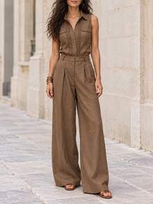 Women's Brown Sleeveless Collared Top And High-Waisted Wide-Leg Pants 2 Pieces Set, Slim Fit Waist, Loose Drape Pants, Suitable For Late Summer/Early Autumn Commuting, Vacation And Daily Wear - Mocha Brown - View 5