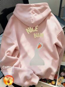 Women's Hooded Sweatshirt For Autumn And Winter, Featuring A Cartoon Goose Graphic And "NICE BUM" Text On The Back, Y2K Style - Sand Red - View 2