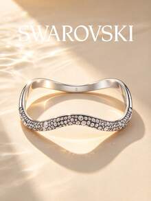 SWAROVSKI Wave Pave Crystal Bracelet, Asymmetrical Curved Open Cuff, Birthday Gift For Girlfriend - Silver - View 7