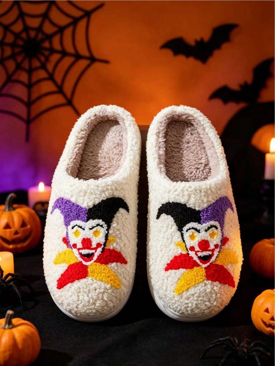 Women's Clown Pattern Halloween Atmosphere Thermal Slippers, Non-Slip Warm Comfortable Soft Sole Fleece Lined, Couple Matching, Home Thermal Slippers, Autumn/Winter Essential
