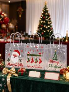 1 Set Transparent Christmas Gift Bags - Plastic Gift Bags With Handles And Ribbons, Suitable For Christmas Party Gifts - Multicolor - View 9