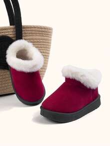 1雙女童酒紅色時尚簡約麂皮平底保暖內裡舒適休閒雪地靴，適合冬季/聖誕穿搭 - 紅色 - 查看 4