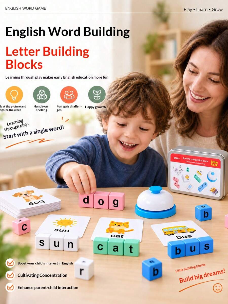 Fun English Word Battle Board Game! Quickly Rotate Letters On Picture Cards, Spell Words With Building Blocks, And Use The Buzzer To Add Competitive Fun. Exquisite Iron Box For Easy Storage And Portability. Helps Children Recognize English Letters And Practice Word Spelling, Suitable For Multi-Player Family Battle, A Great Early Education Intellectual Toy Gift.