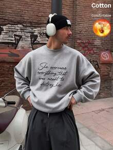 Autumn Winter Men's Fleece-Lined Crewneck Sweatshirt With English Letter Print Y2K - Heather Gray - View 4