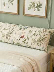 1pc Floral Bird Branch Leaf Green Pom Pom Decor Long Pillowcase - Soft Material Lightweight Breathable, Polyester Fabric, Green Pillowcase Suitable For Bedroom Sofa - Decorative Lumbar Cushion, Home Decor, Gift For Her, Suitable For All Year Round - Multicolor - View 8