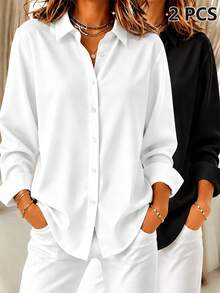 Basic Casual Women's Plus Size Autumn Long Sleeve Lightweight Button-Up Shirt - Black + White - View 2